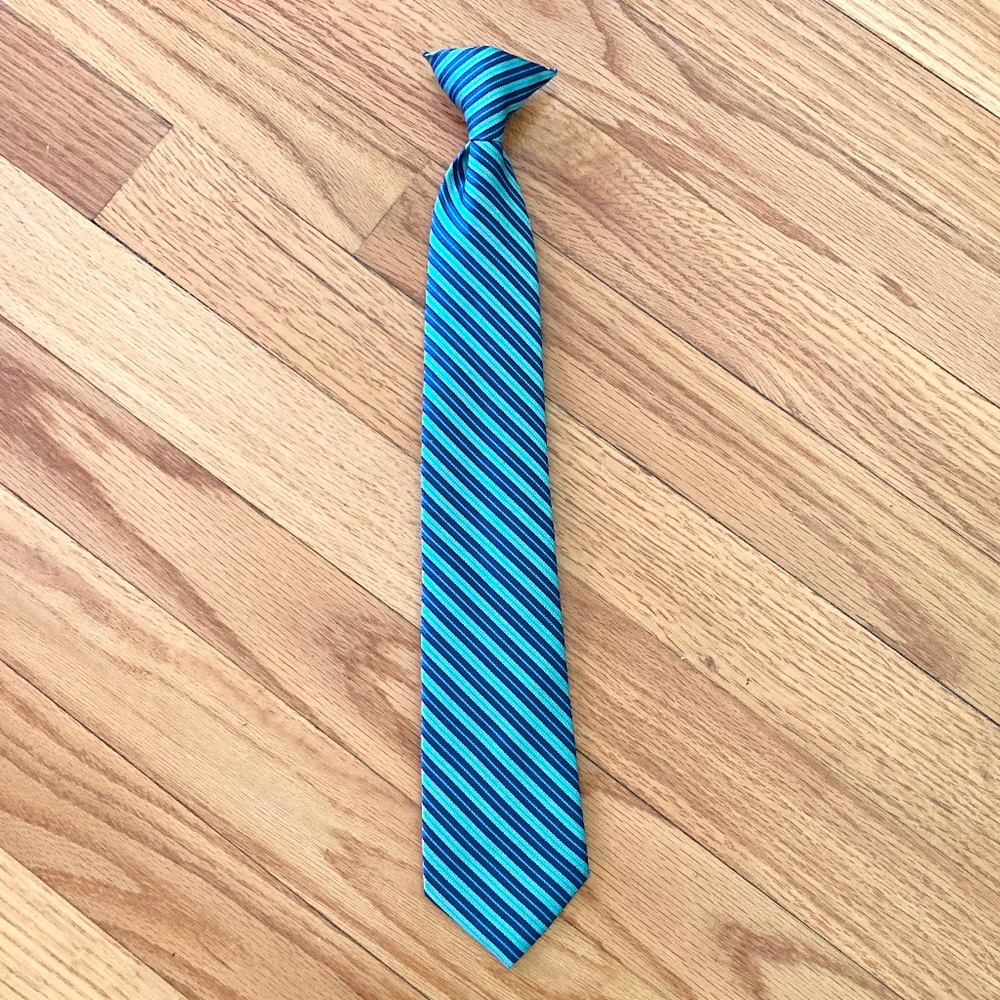 Boy’s blue and green striped clip on tie